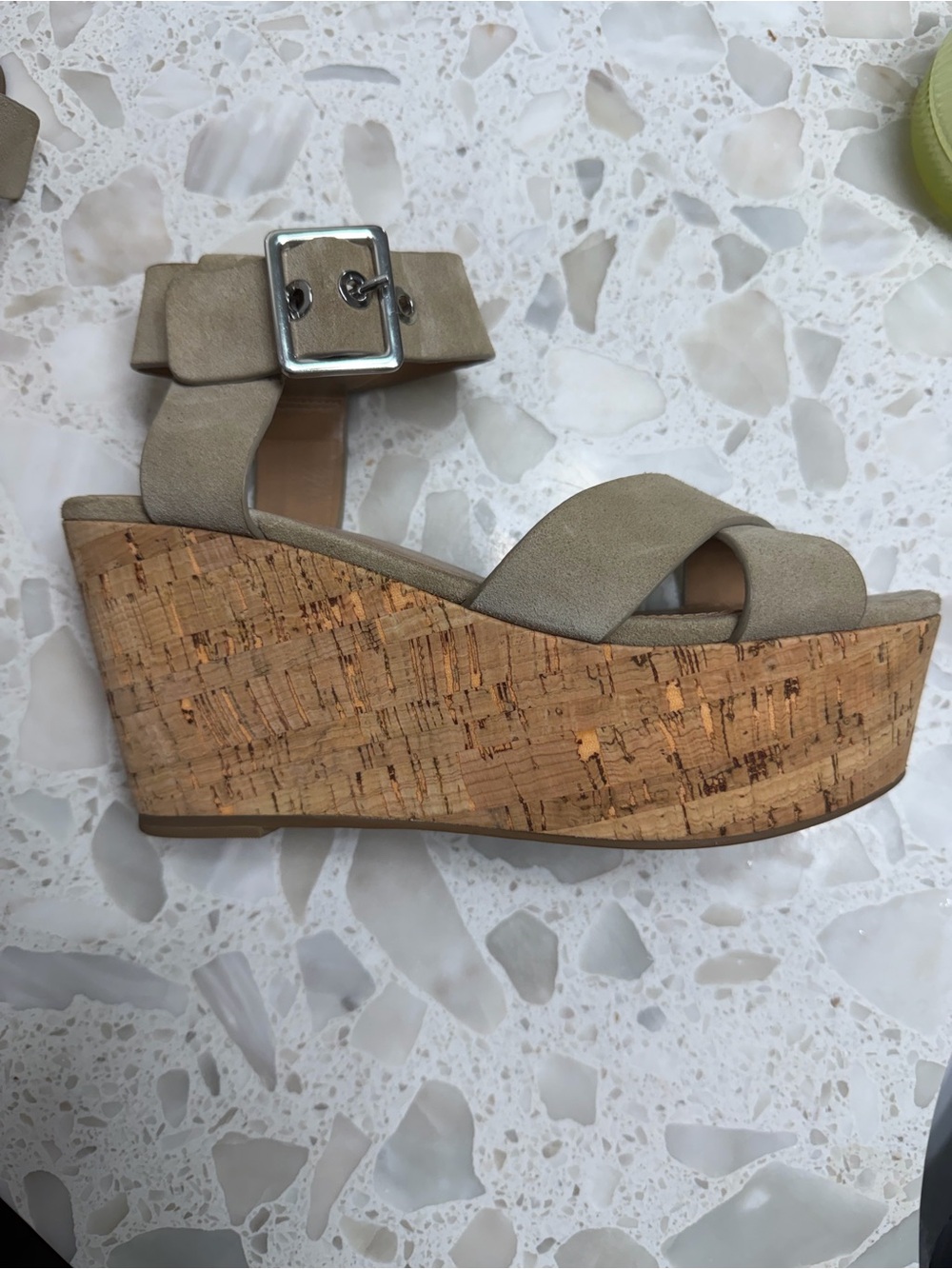 Marc Fisher LTD Cacie Tan Suede Ankle
Strap Cork Wedge Sandals
